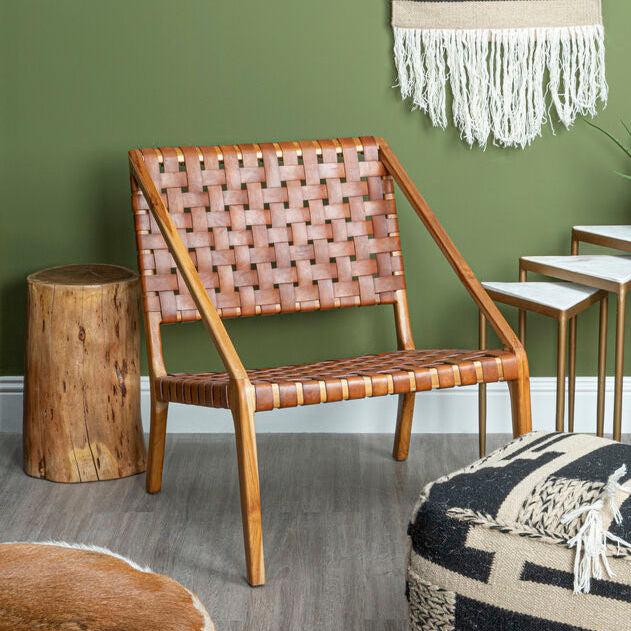 Kendari Tan Woven Leather And Teak Chair - Image 1