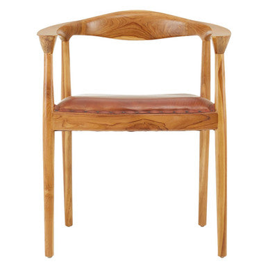 Wooden chair with a brown leather seat on a white background