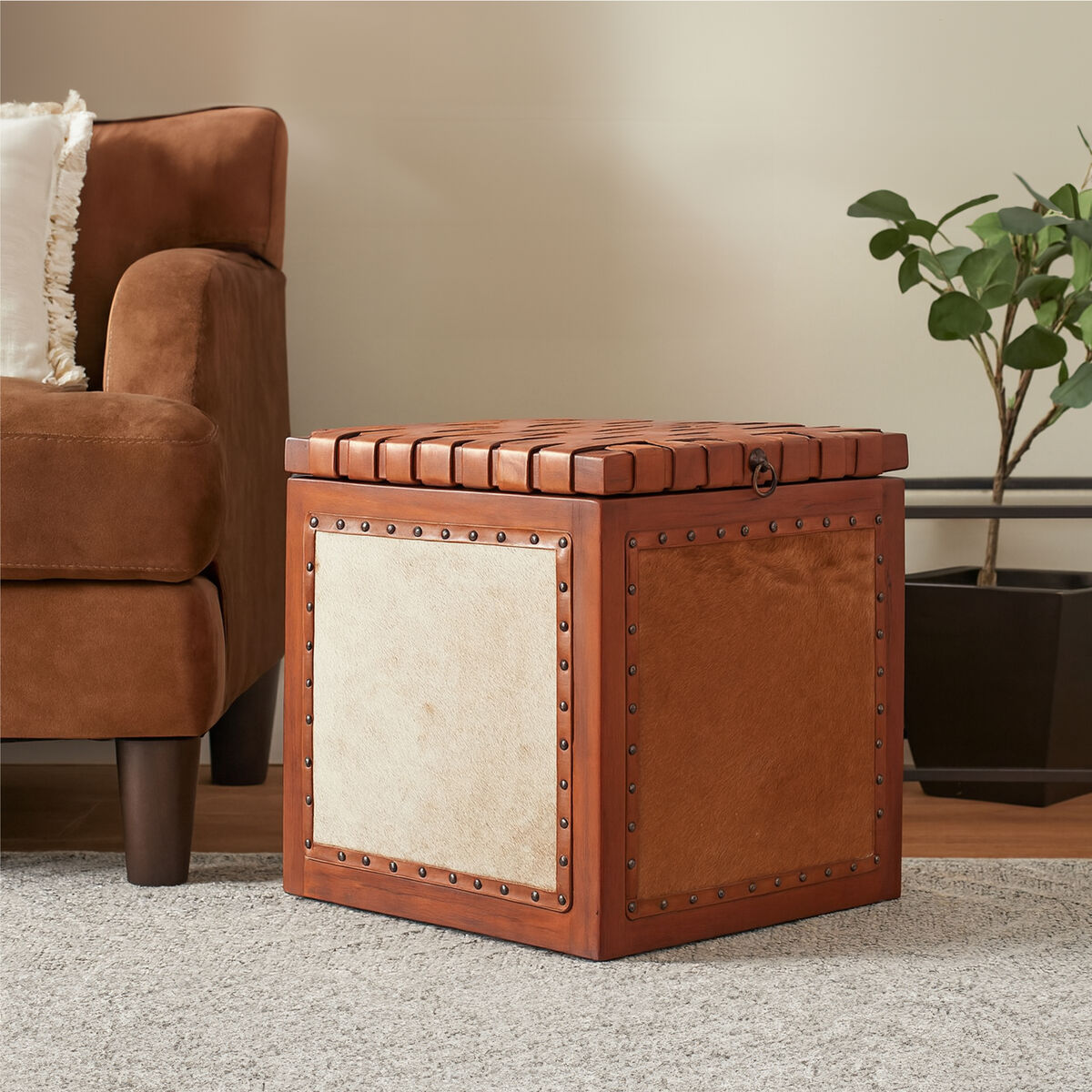 Kendari Hair on Leather Storage Stool - Image 1