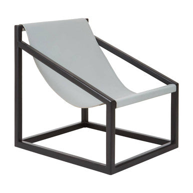 Modern lounge chair with black frame and gray cushion on a white background