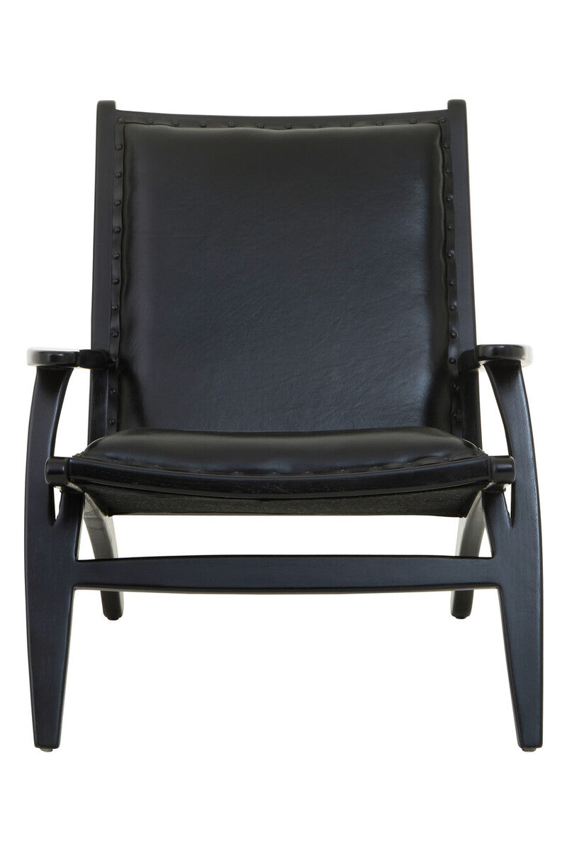 Kendari Black Leather and Teak Wood Chair with Stud Detail - Image 2