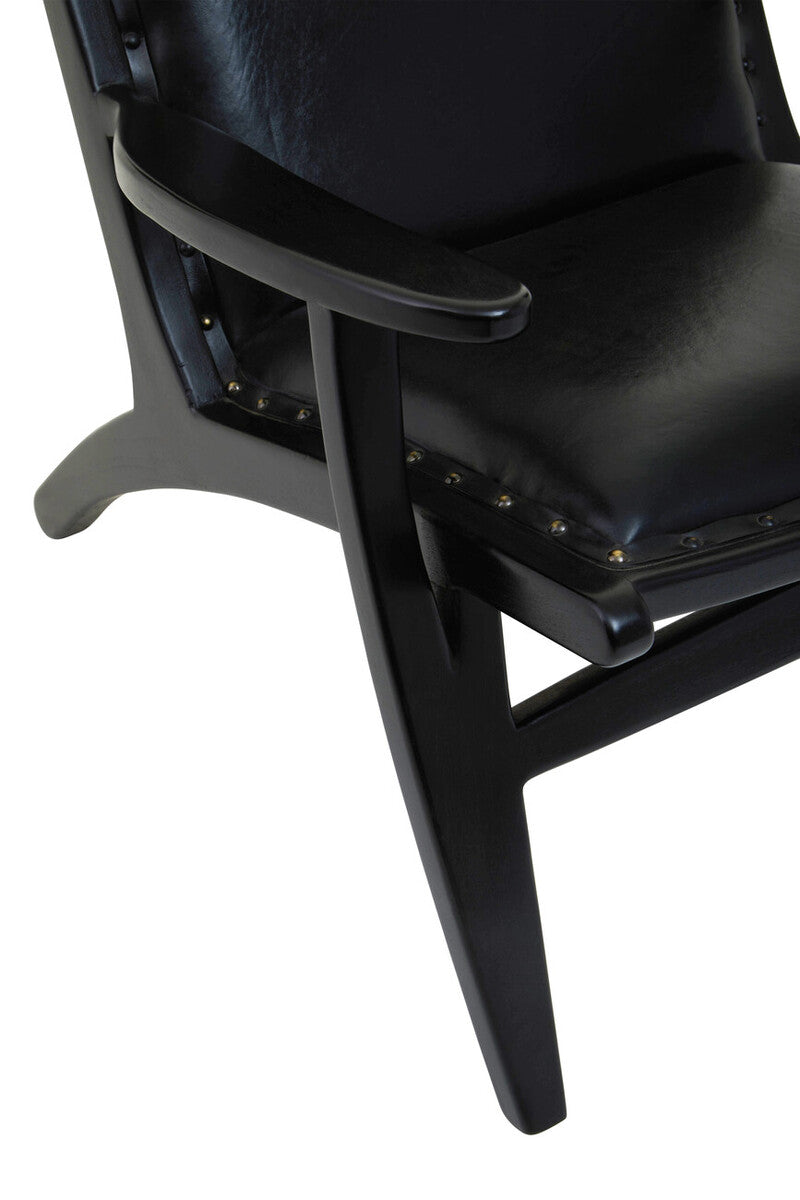 Kendari Black Leather and Teak Wood Chair with Stud Detail