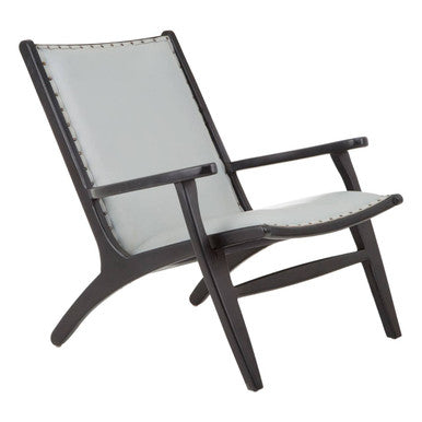 Chair with black frame and light gray cushion on a white background