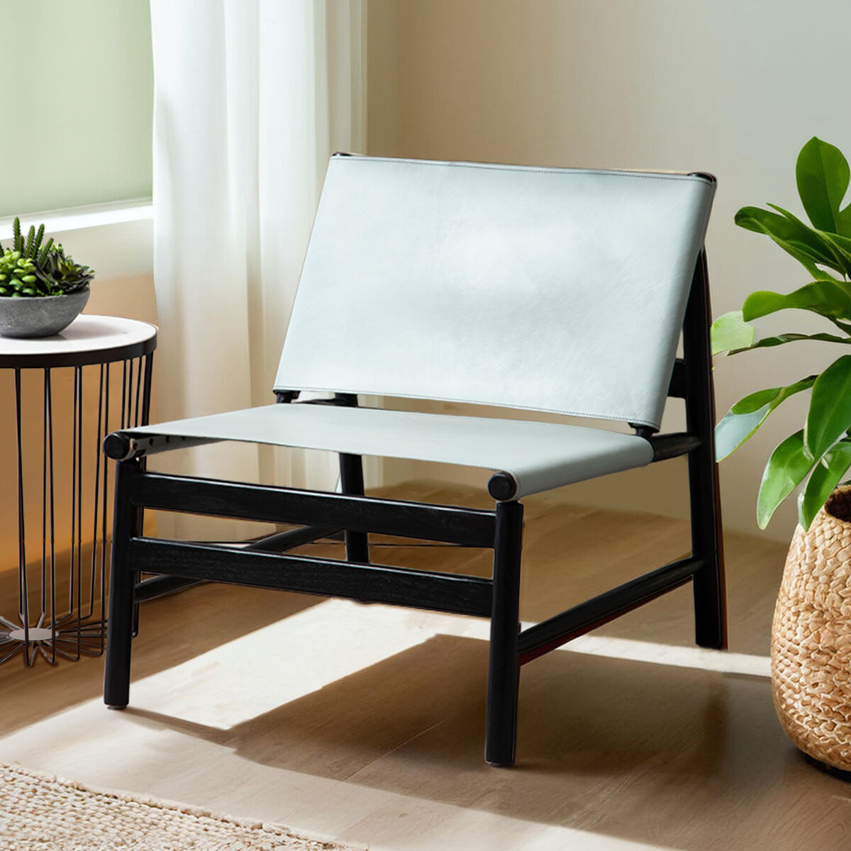 Kendari Grey Leather and Black Teak Modern Sling Chair - Image 1