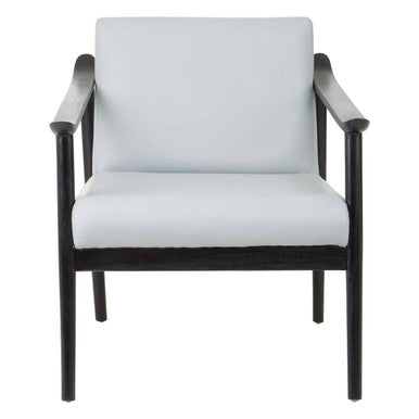 Chair with light gray cushion and black frame on a white background