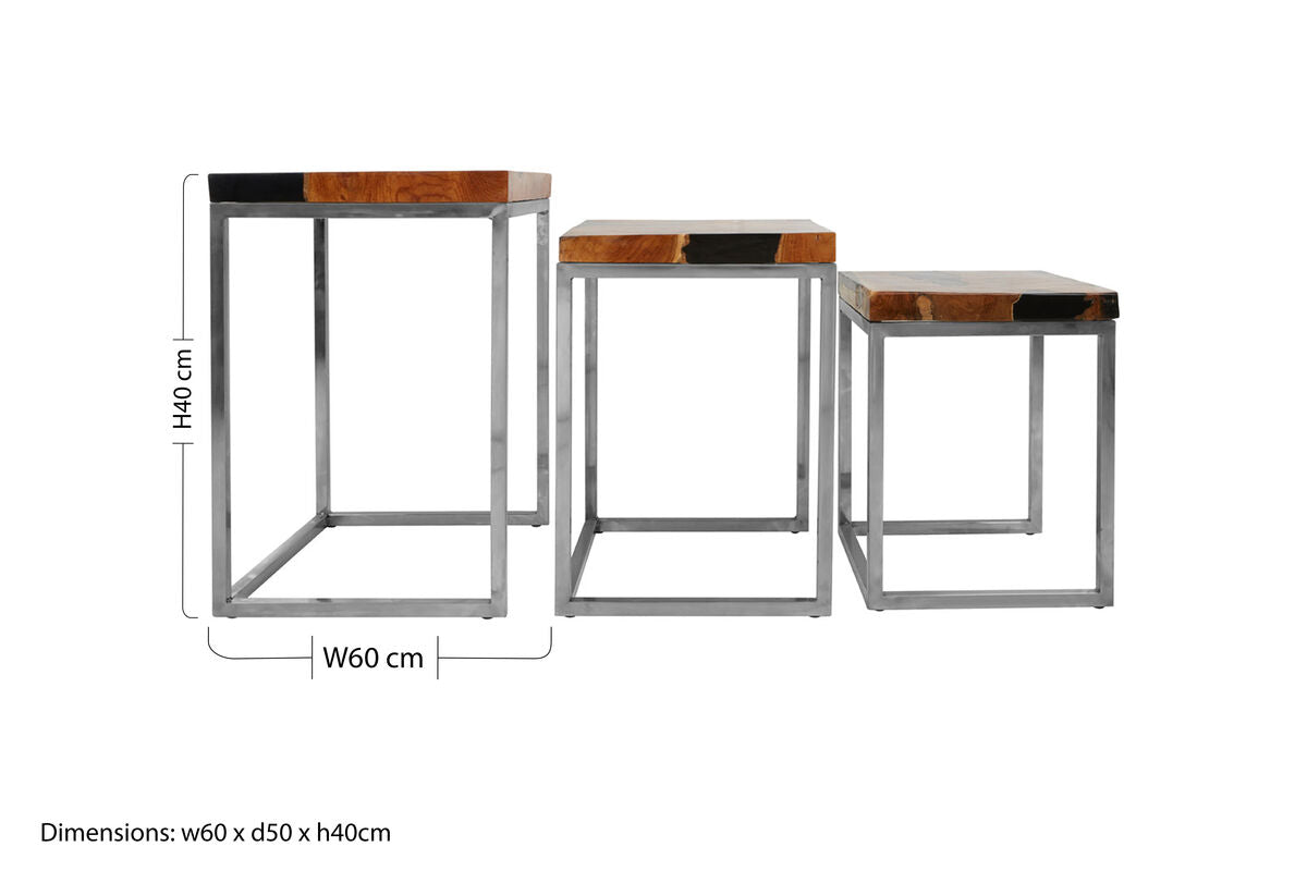 Set of three nesting tables with dimensions displayed on a white background