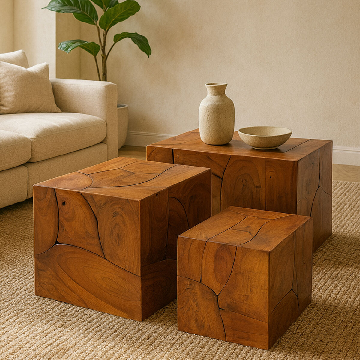 Surak Set of 3 Solid Teak Wood Side Tables and Stools - Image 1