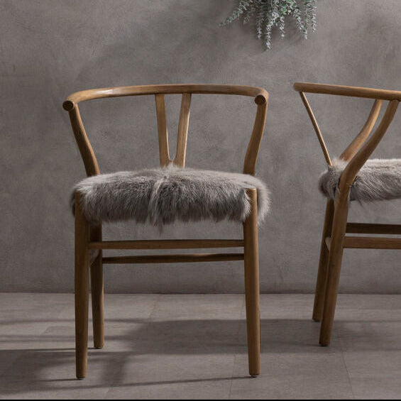 Hazel Natural Oak Wood and Grey Fur Dining Chair - Image 1