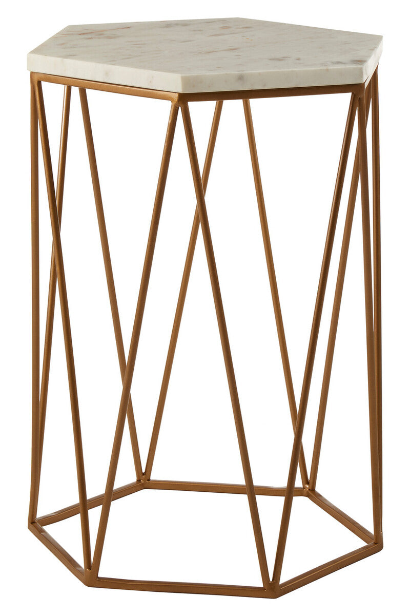 White Solid Marble Top Hexagonal Side Table with Gold Finish Metallic Frame, Shalimar