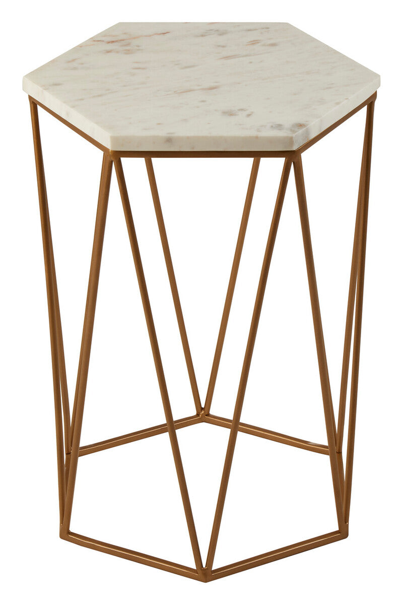 White Solid Marble Top Hexagonal Side Table with Gold Finish Metallic Frame, Shalimar