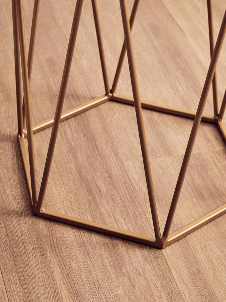 White Solid Marble Top Hexagonal Side Table with Gold Finish Metallic Frame, Shalimar