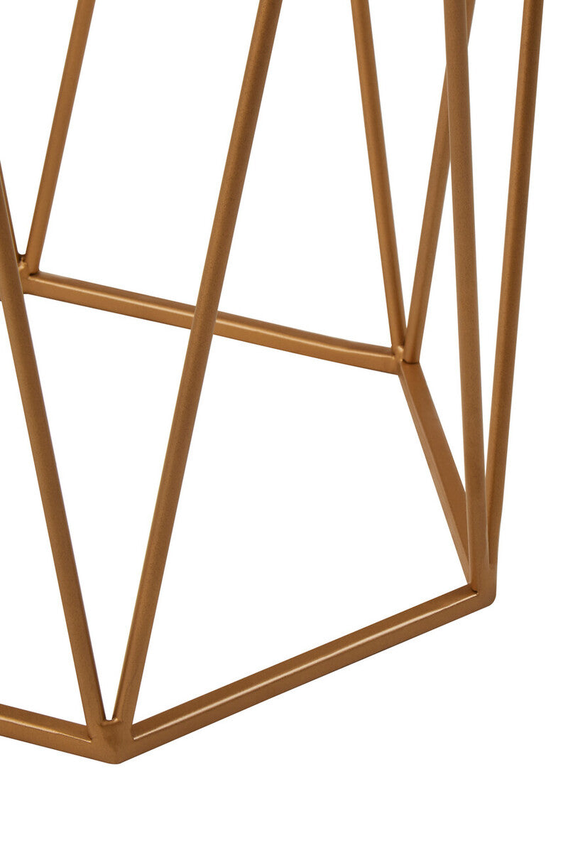White Solid Marble Top Hexagonal Side Table with Gold Finish Metallic Frame, Shalimar