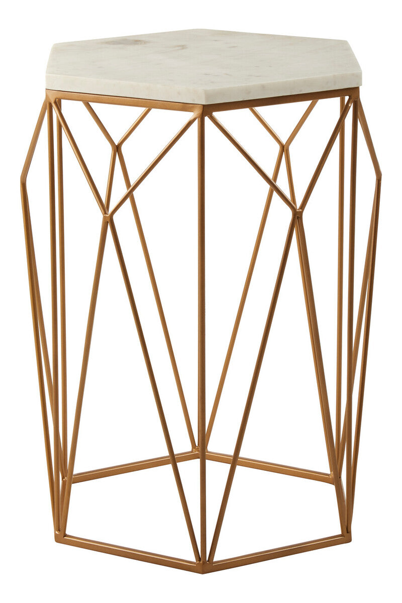 White Marble Top Side Table with Geometric Open Frame Gold Metallic Base, Shalimar