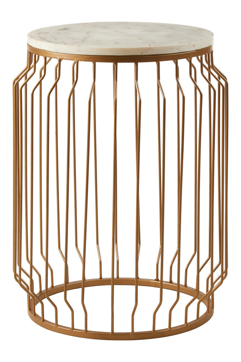 White Marble Top Round Side Table with Reflective Gold Wireframe Metallic Base, Shalimar