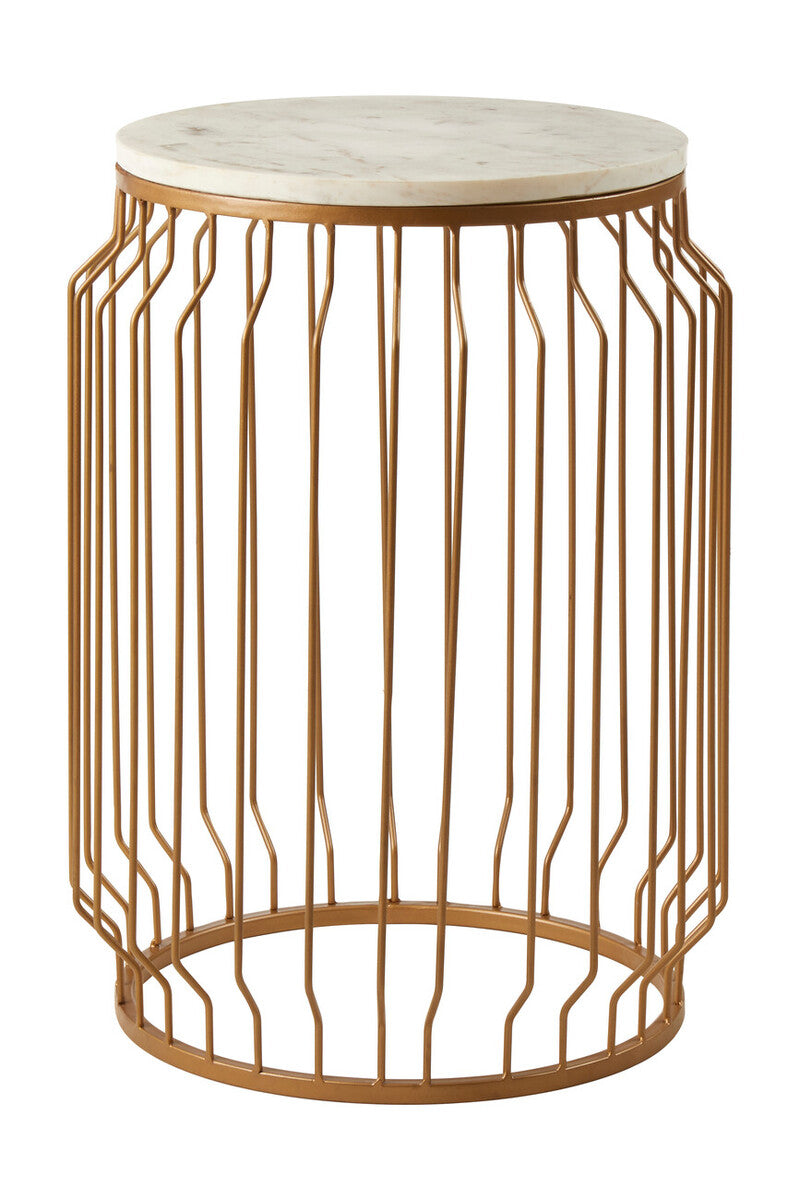 White Marble Top Round Side Table with Reflective Gold Wireframe Metallic Base, Shalimar