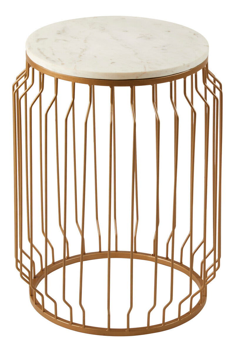 White Marble Top Round Side Table with Reflective Gold Wireframe Metallic Base, Shalimar
