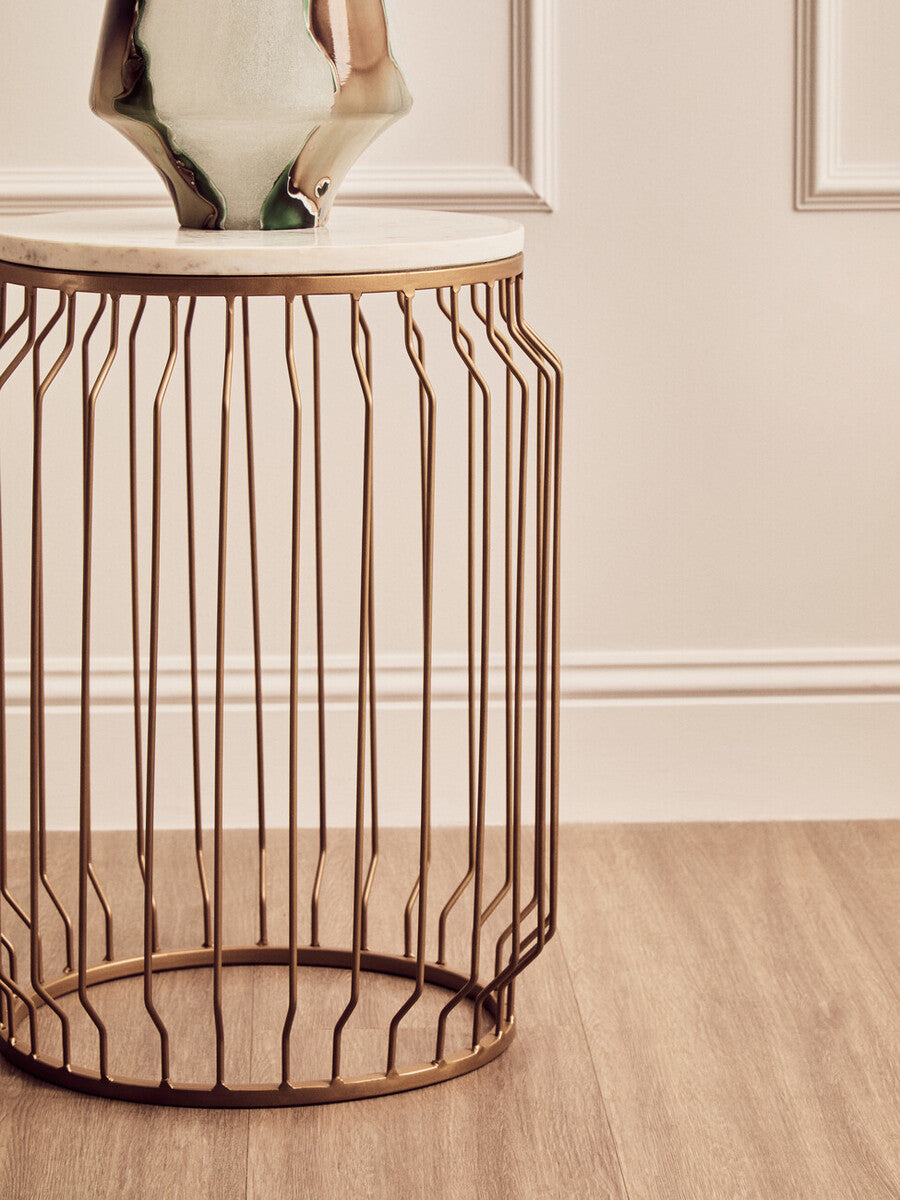 White Marble Top Round Side Table with Reflective Gold Wireframe Metallic Base, Shalimar
