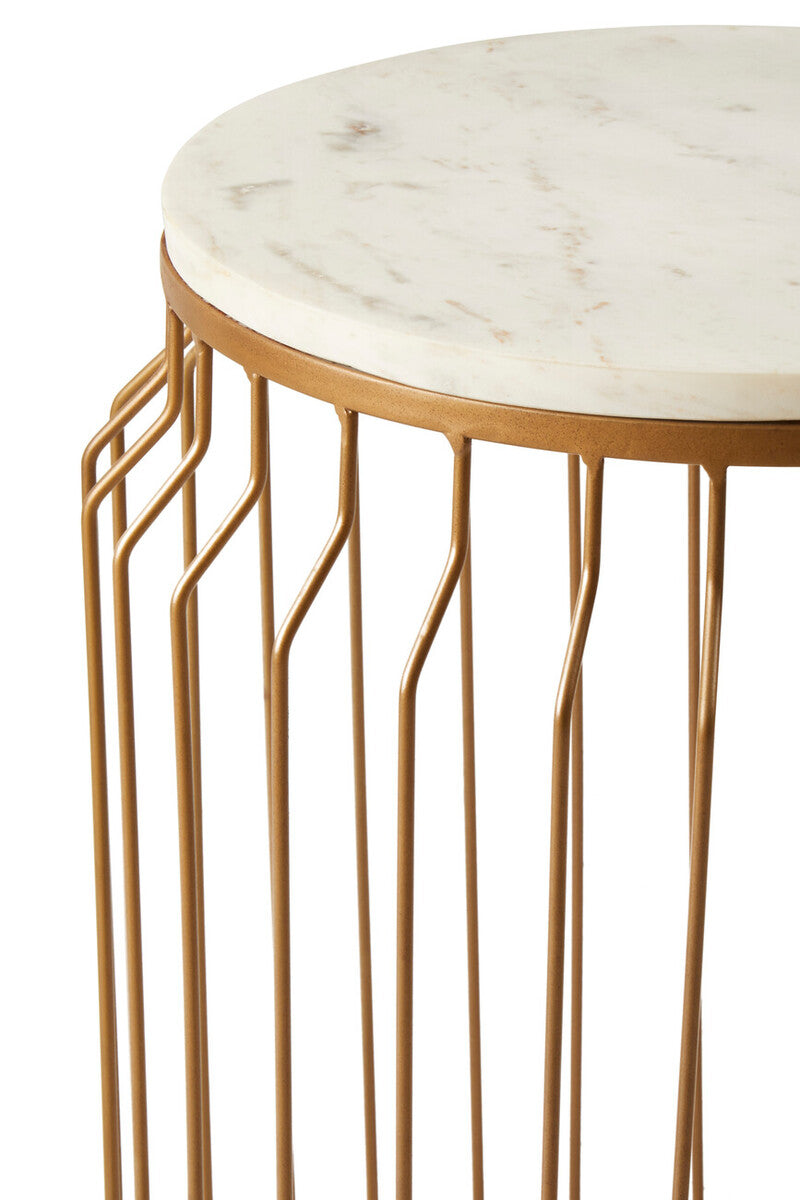 White Marble Top Round Side Table with Reflective Gold Wireframe Metallic Base, Shalimar