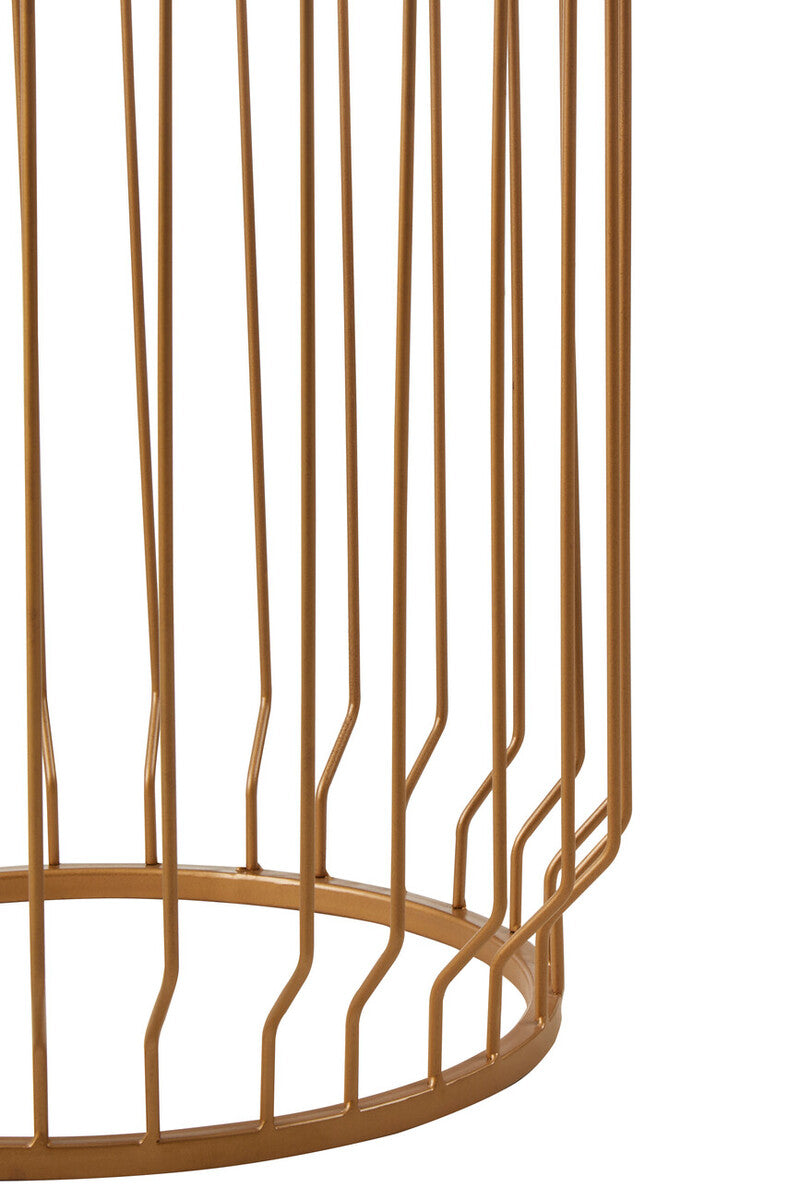 White Marble Top Round Side Table with Reflective Gold Wireframe Metallic Base, Shalimar