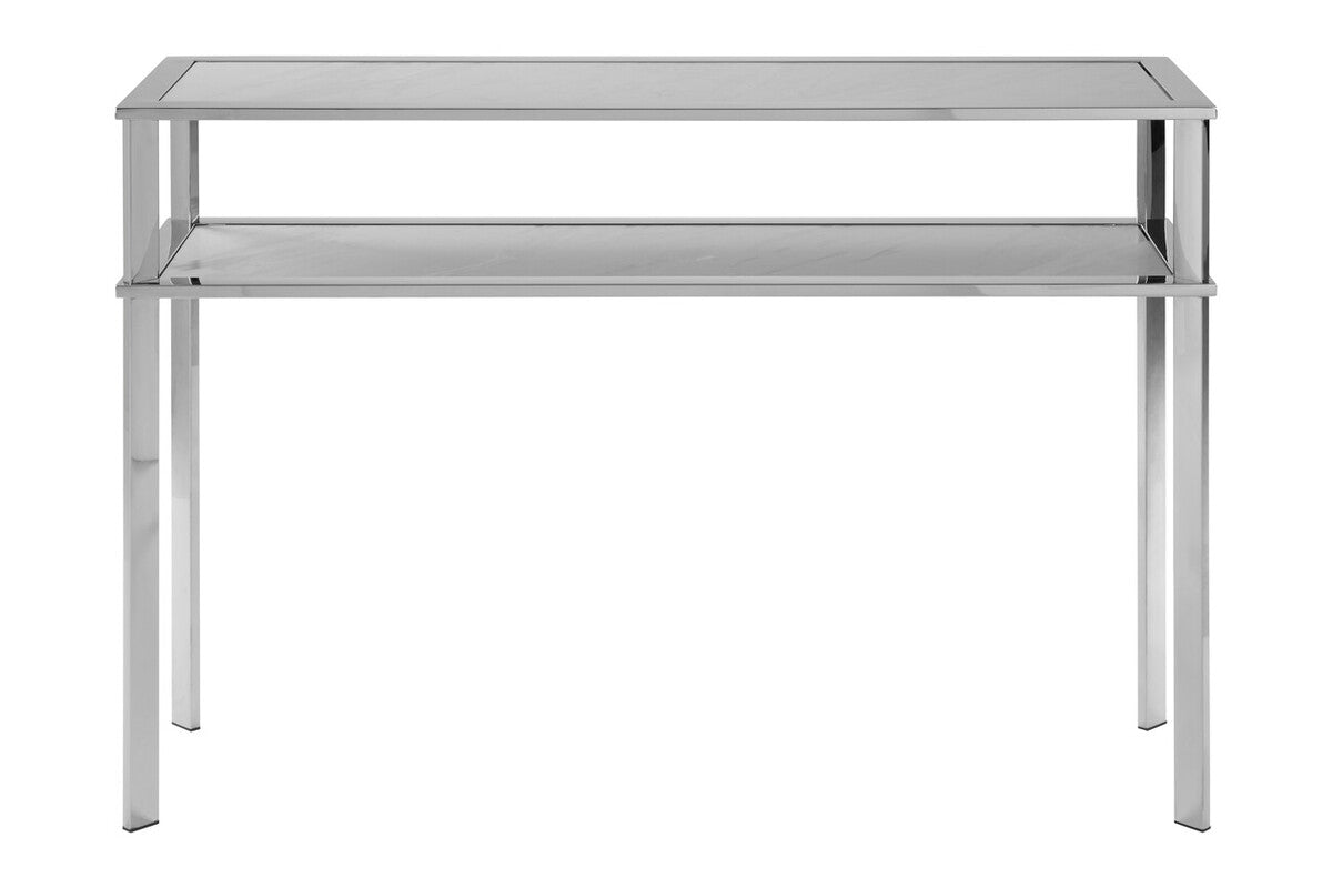 Modern console table with glass top and metal frame on a white background