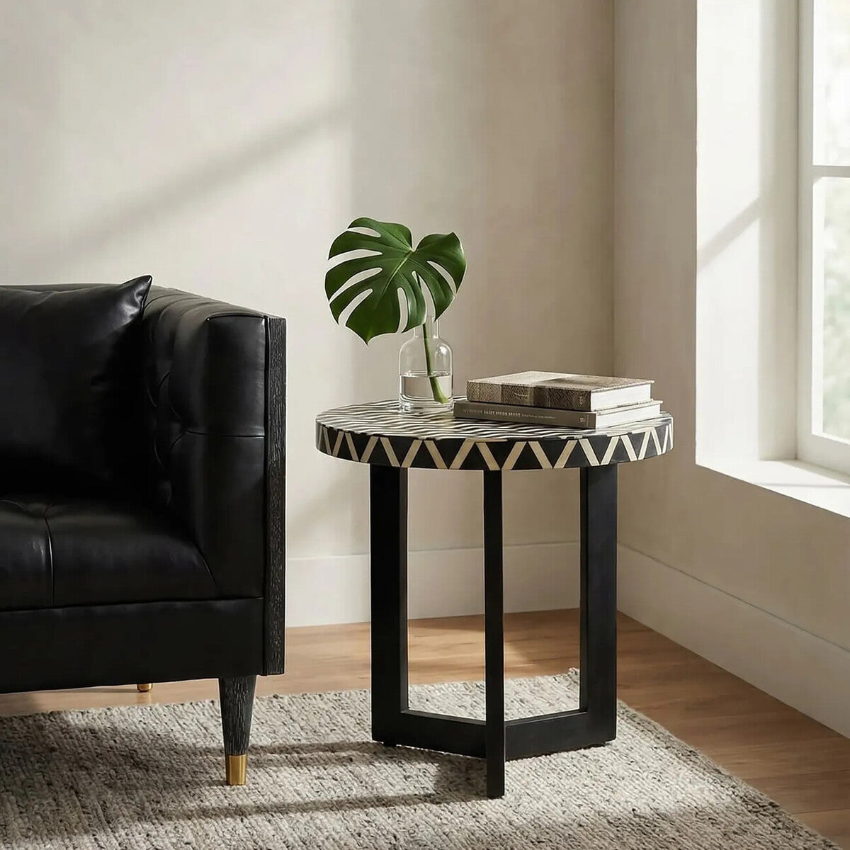 Black and White Top Bone Inlay Side Table with Black 3 Cross-Leg Base, Boho