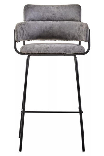 Gray cushioned bar stool with black metal frame on a white background