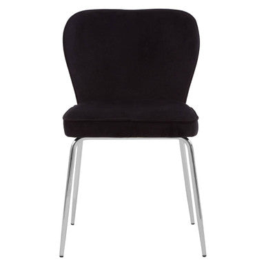 Black upholstered chair with chrome legs on a white background