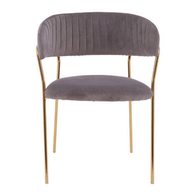 Chair with purple velvet seat and backrest and gold metal legs on a white background