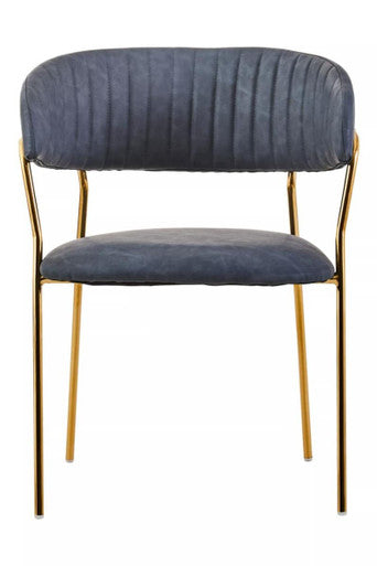 Chair with blue cushioned seat and backrest on gold metal legs against a white background