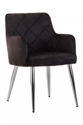 Black Velvet Quilted Dining Chair with Chrome Finish Legs | Tamzin