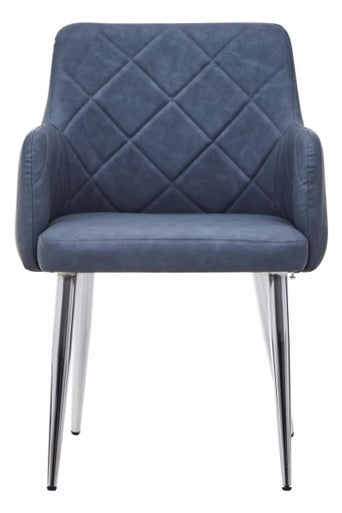 Blue quilted chair with chrome legs on a white background