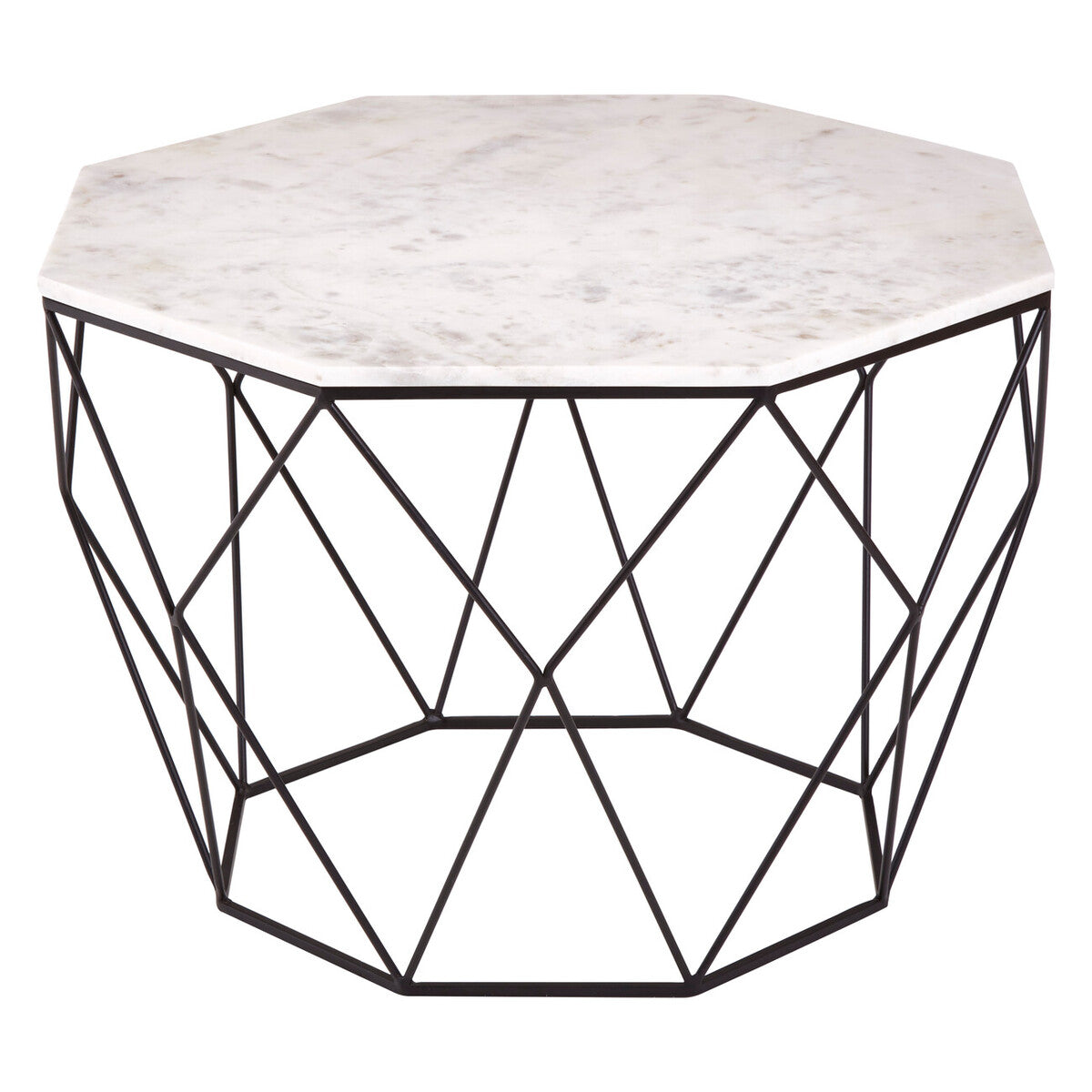 Hexagonal coffee table with marble top and black geometric frame on a white background