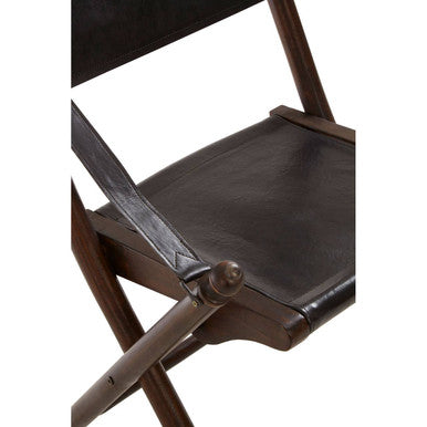 Inca Black Leather and Teak Wood Folding Chair