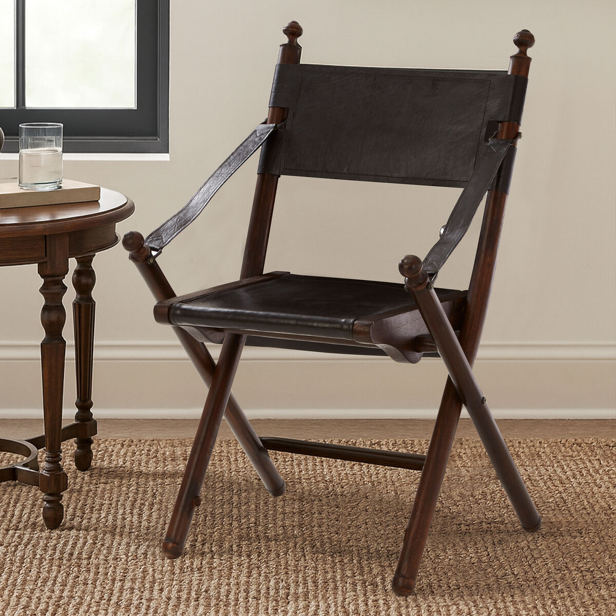 Inca Black Leather and Teak Wood Folding Chair - Image 1