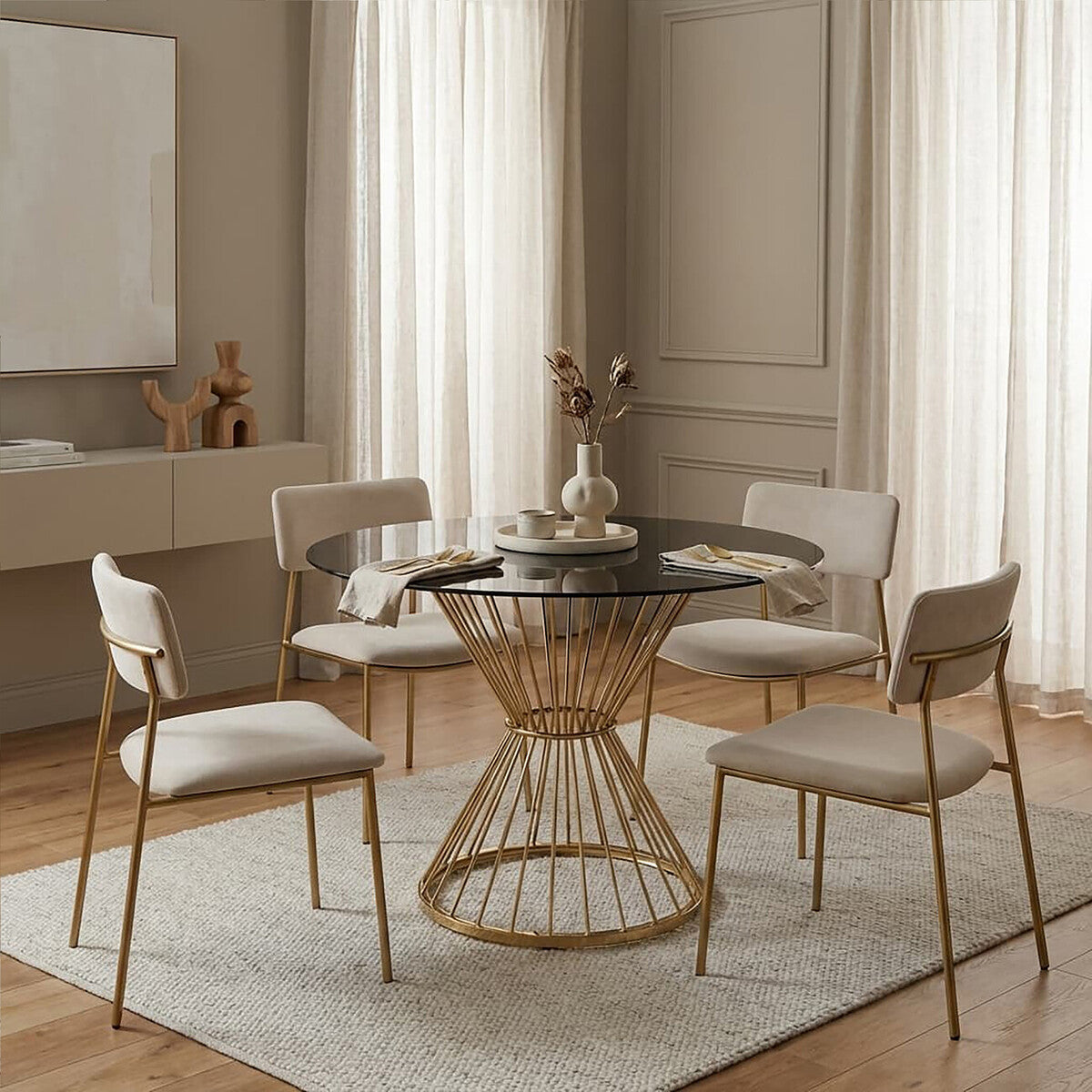 Hourglass Dining Table with Black Glass Top and Gold Base, Anzio