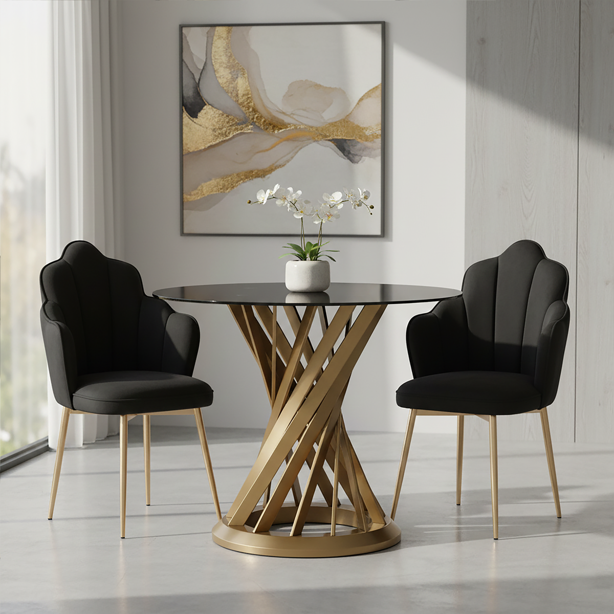 Anzio Black Glass And Gold Hourglass Base Dining Table