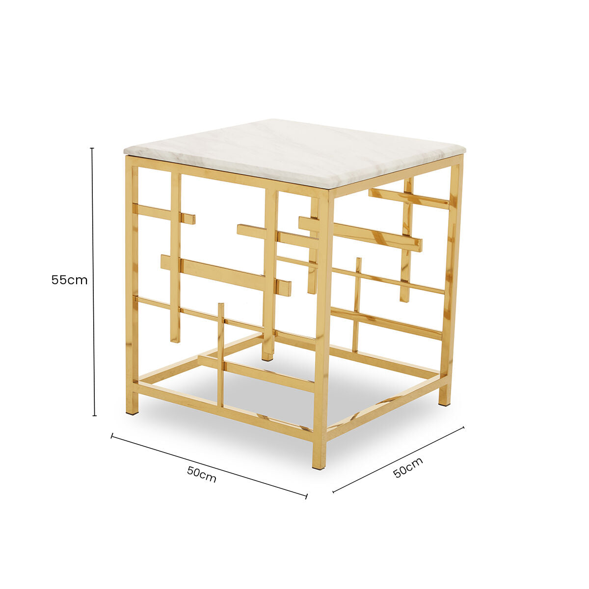 White Marble Top Side Table with Gold Finish Geometric Stainless Steel Base, Aprilia