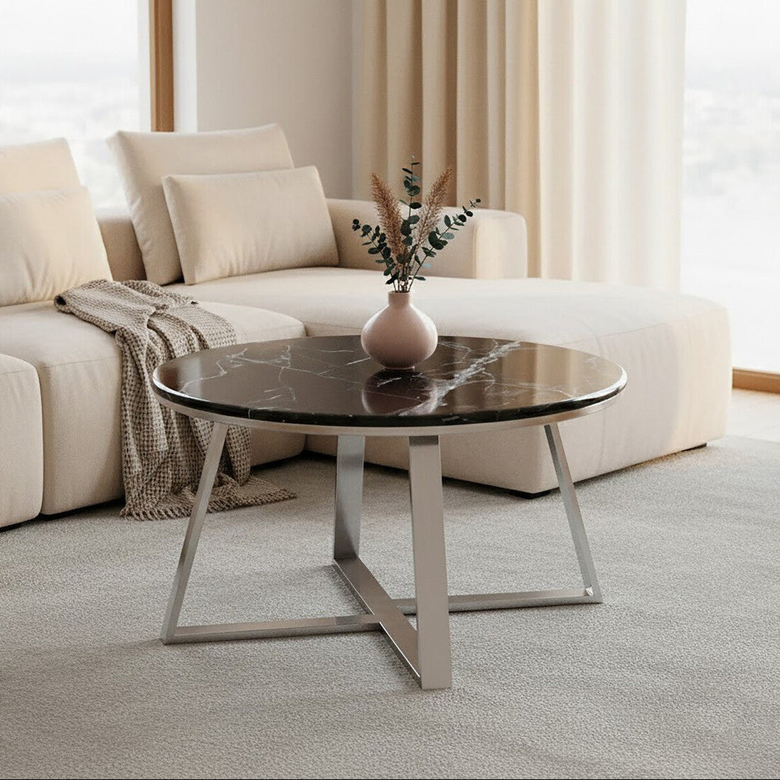 Alvaro Round Coffee Table With Black Marble Top - Image 1