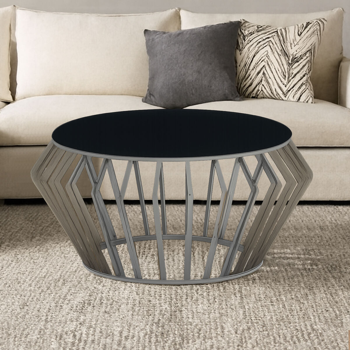 Ackley Silver Round Coffee Table with Black Glass - Image 1