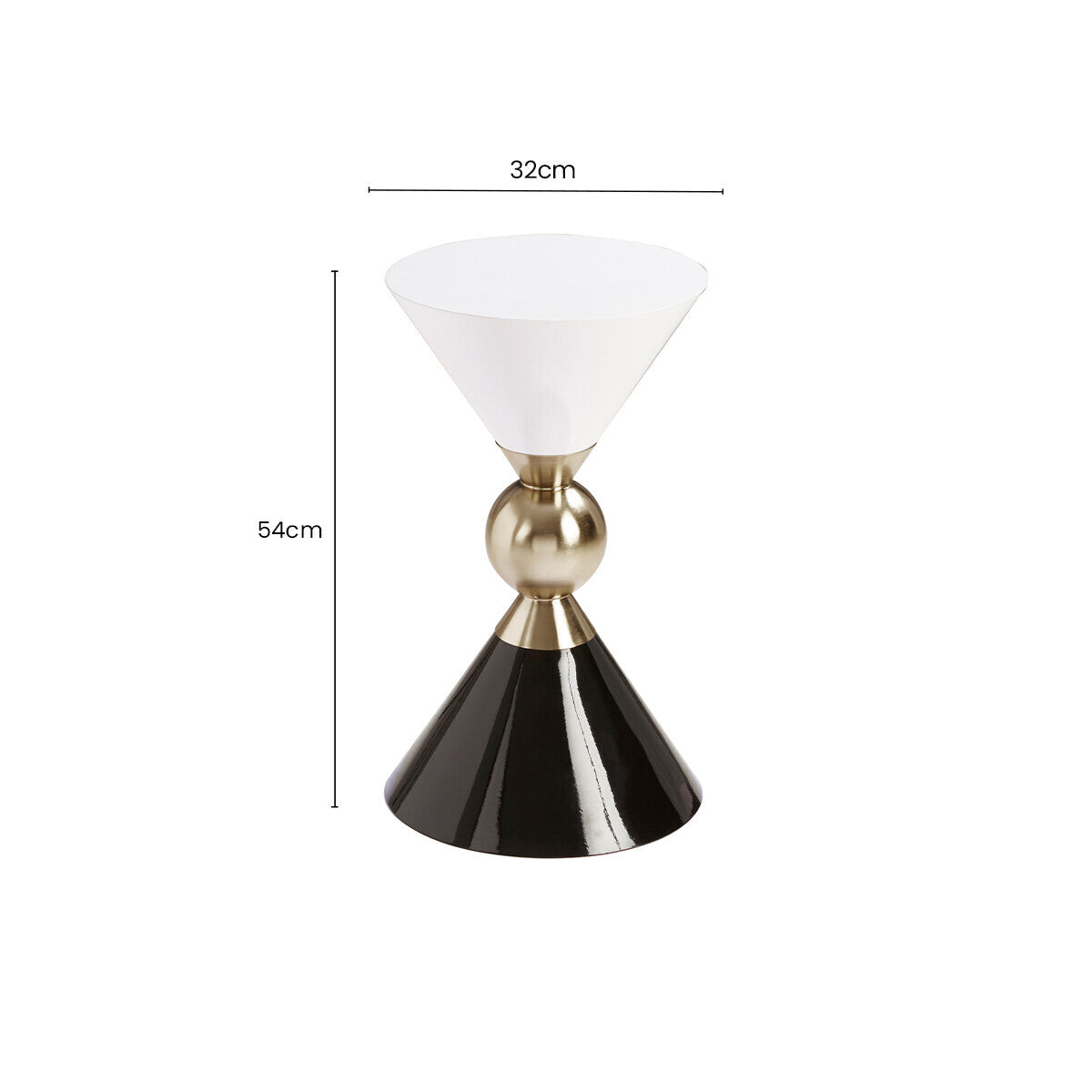 Gold and Black Metal Angular Side Table with White and Black Top and Rounded Base, Martini