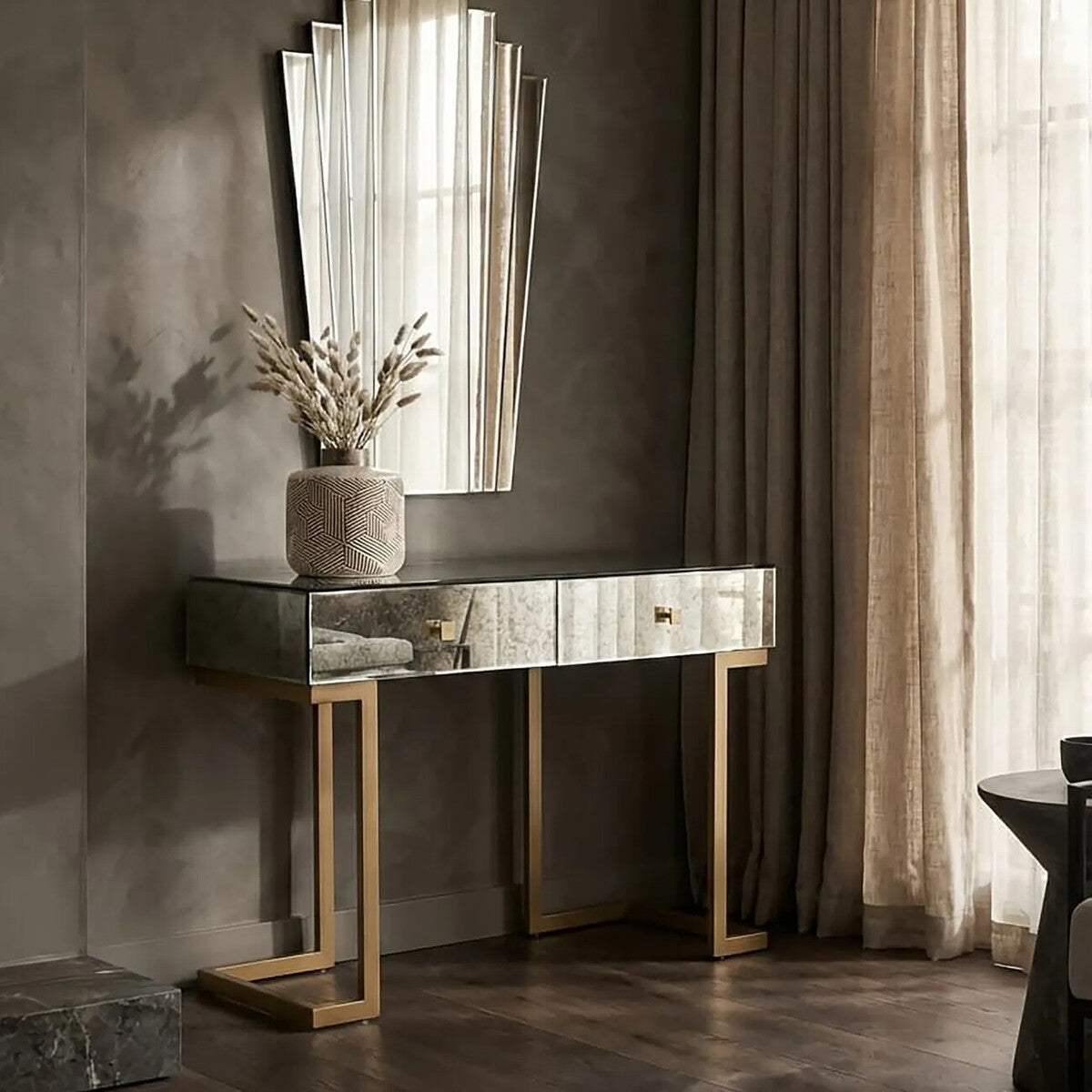 Antique Mirror Console Table with 2 Drawer in Silver finish, Kesena