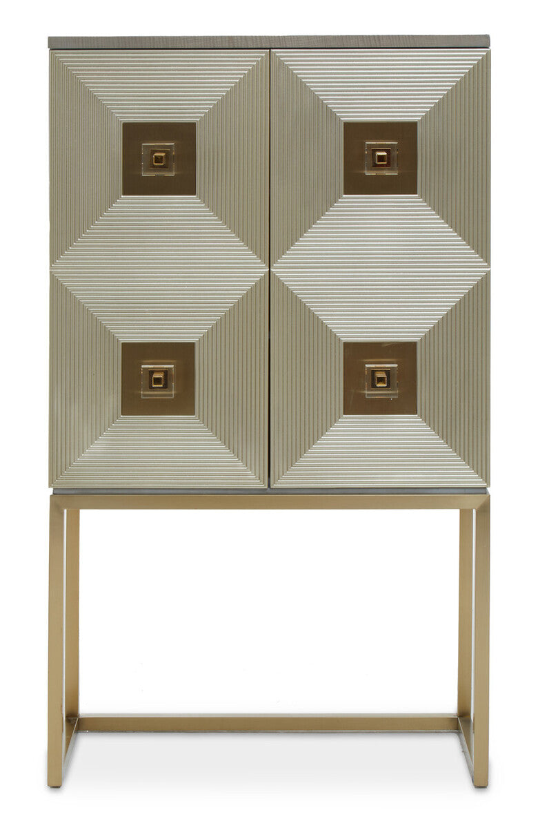 Decorative cabinet with geometric pattern and bronze accents on a white background