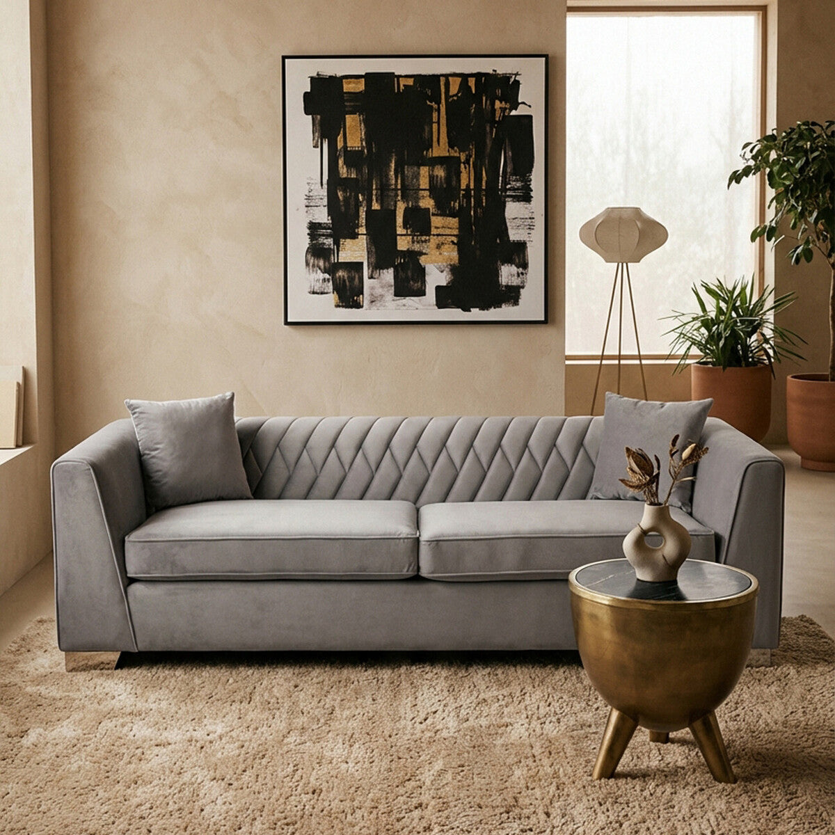 3 Seater Grey Velvet Sofa, Rashika - Image 3