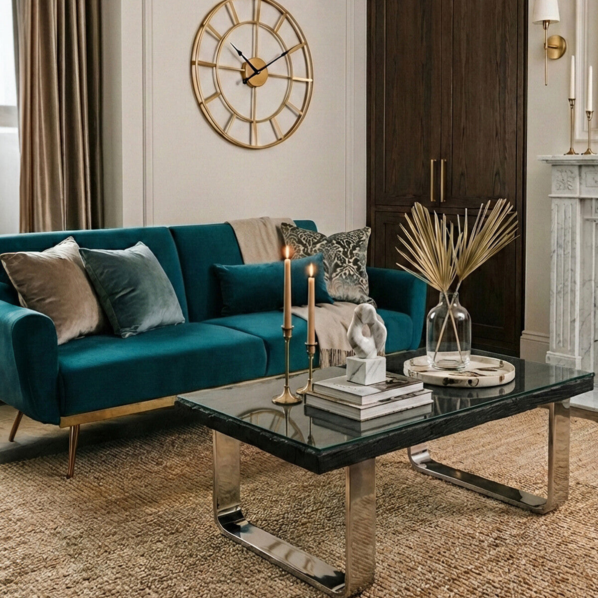 Living room with teal sofa, glass coffee table, and decorative elements.
