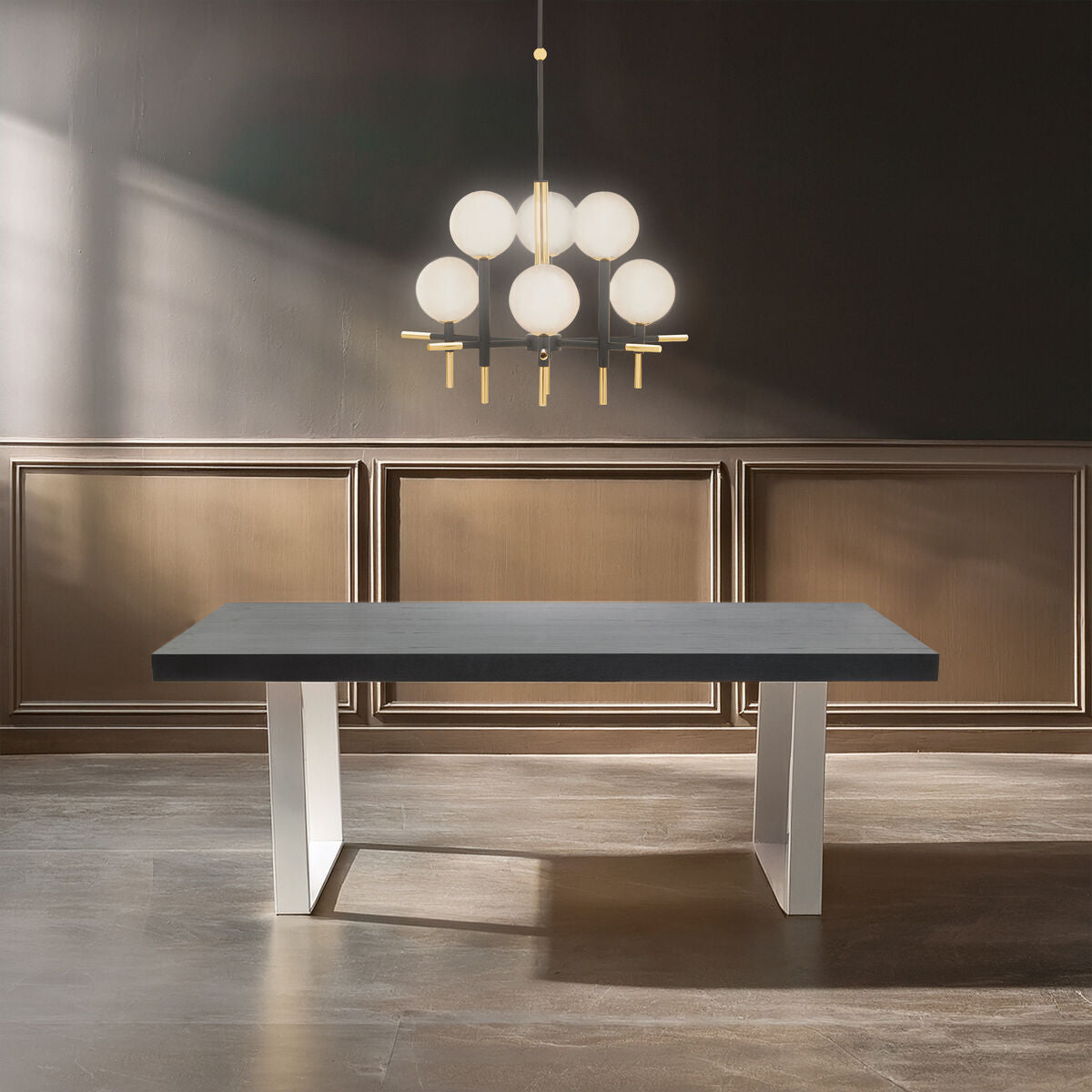 Modern dining table with a chandelier in a stylish room