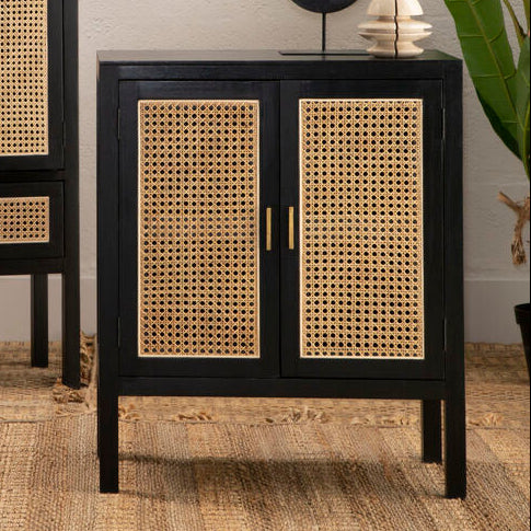 Two black cabinets with rattan doors on a neutral background