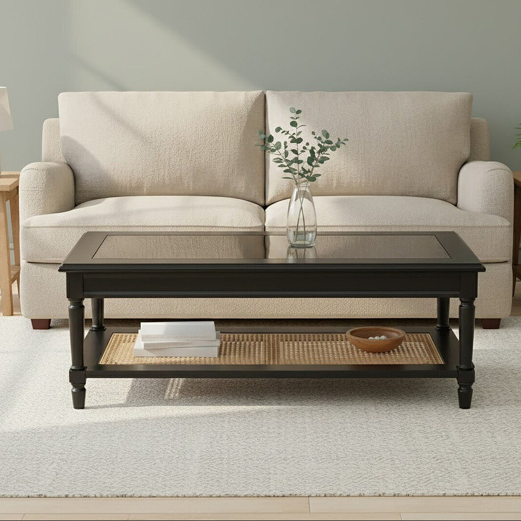 Corso Black Coffee Table with Rattan Shelf - Image 1
