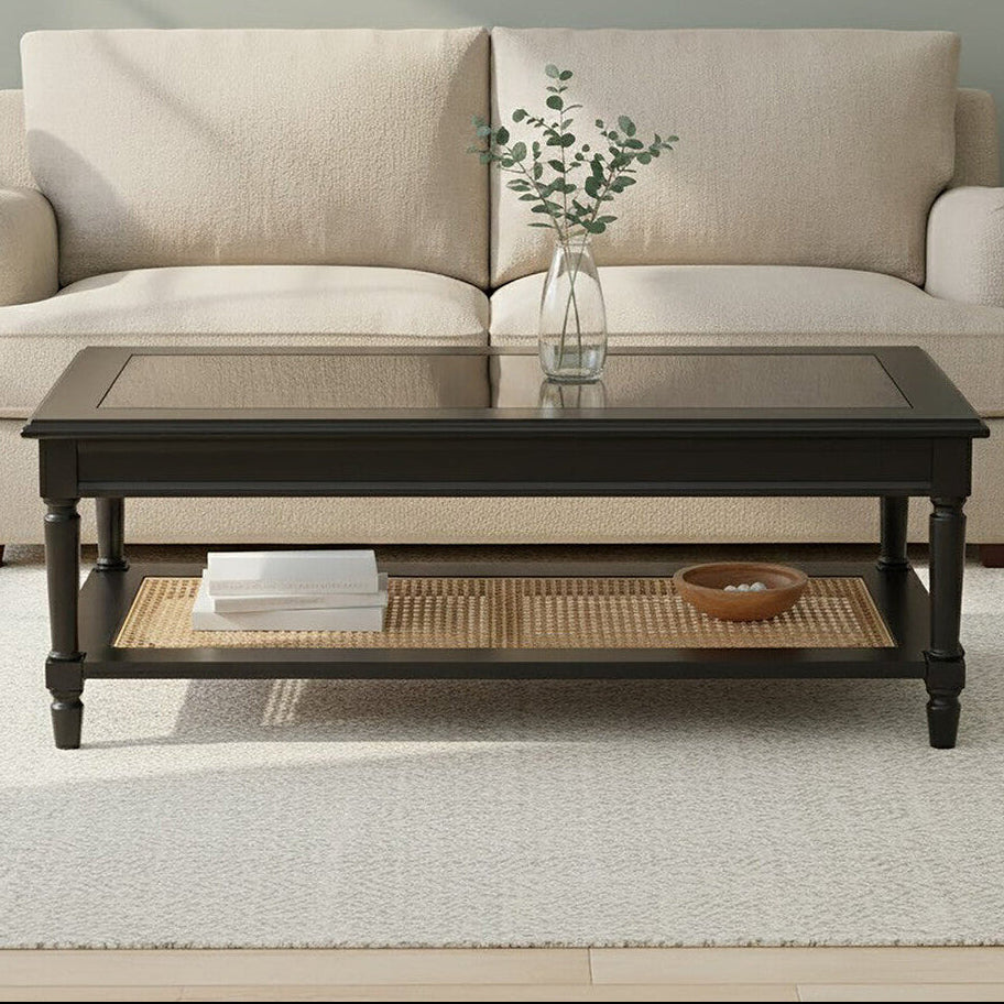 Corso Black Coffee Table with Rattan Shelf - Image 1