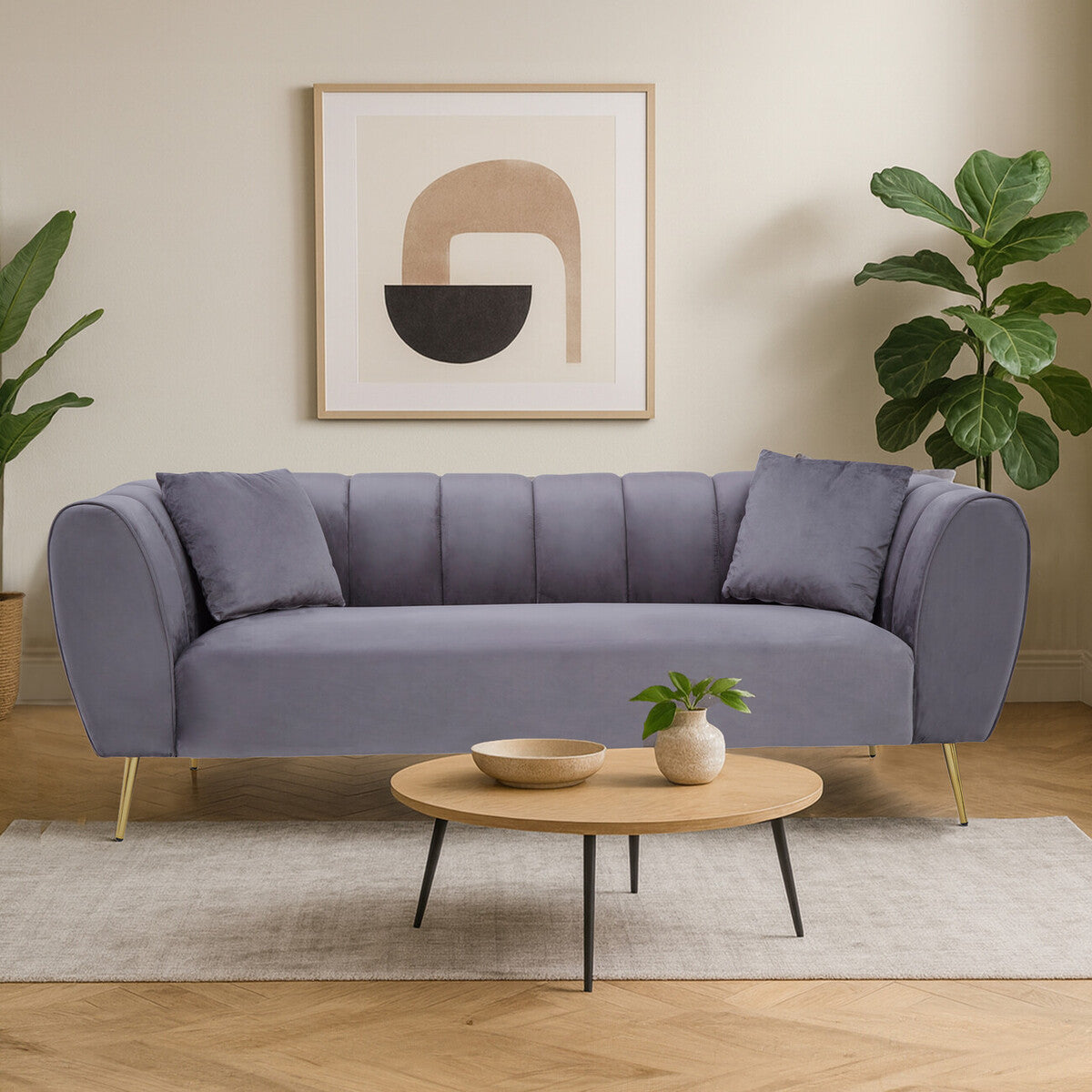 Florine Three Seater Grey Velvet Sofa