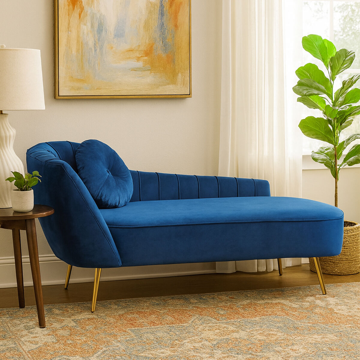 Felizia Midnight Blue Velvet Left Arm Chaise Longue - Image 1